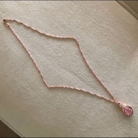 Rose Gold tone CZ Diamond Pink Opal Necklace - Picture 4 of 7